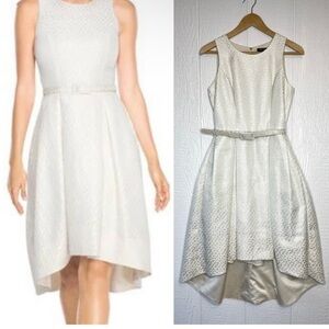 White House Black Market Metallic Champagne Pleated Polka Dot Sleeveless Dress